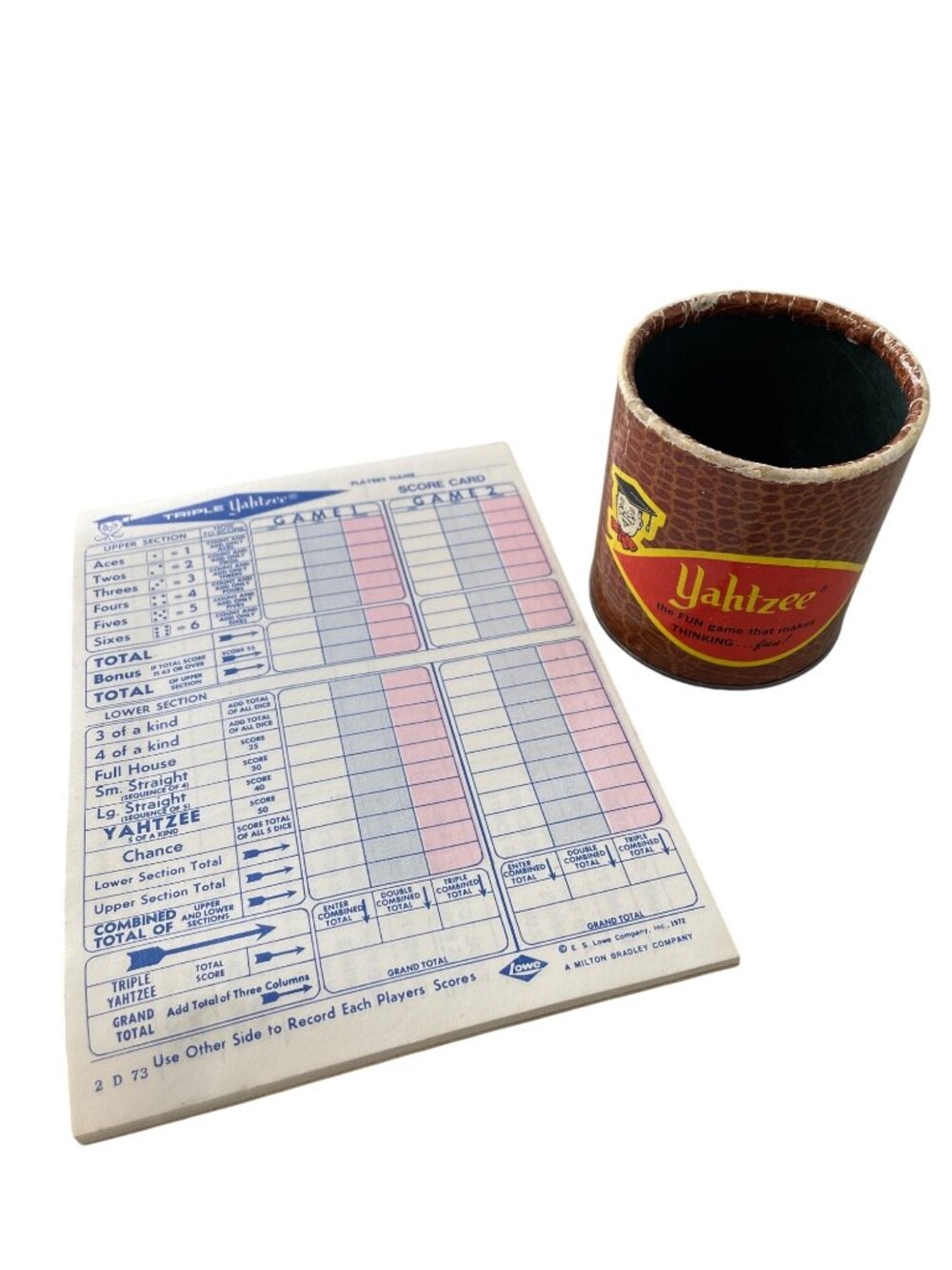 Vintage 1972 Lowe Milton Bradley Triple Yahtzee Score Pad Dice Cup Retro Design